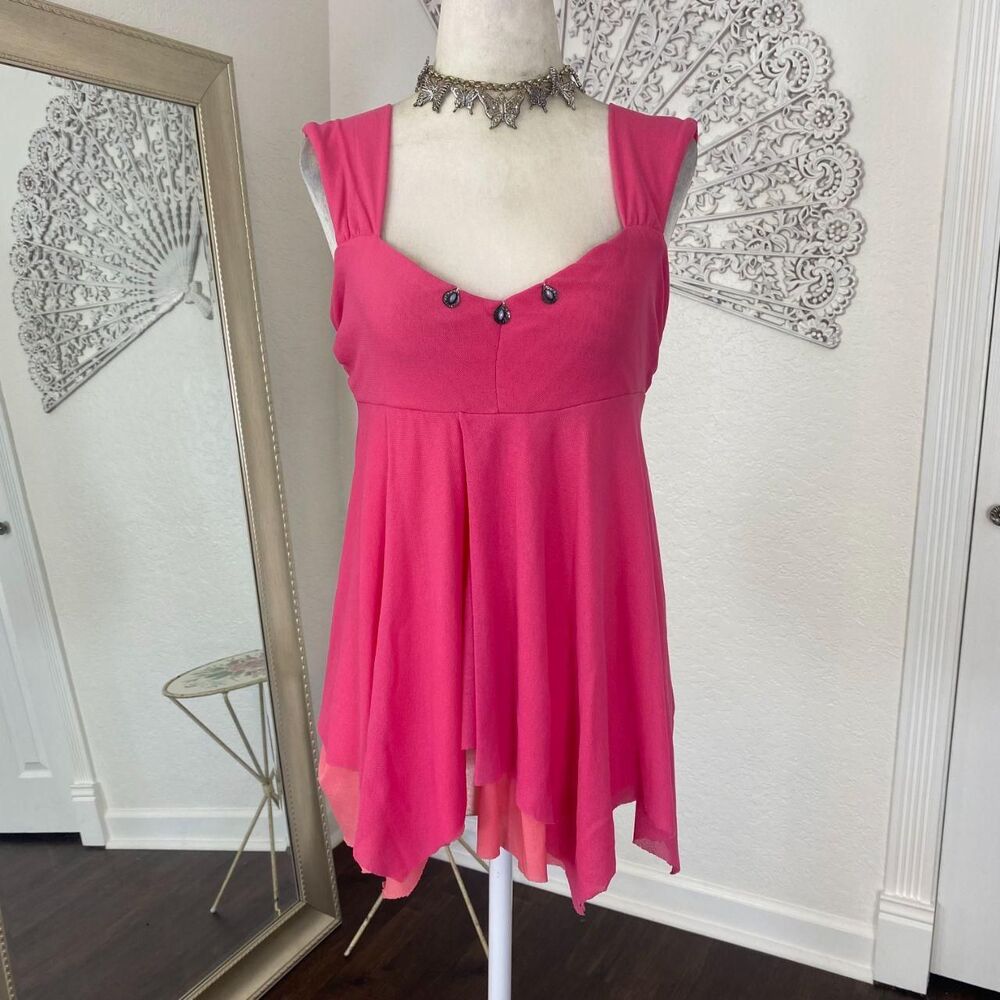 Early 2000 Bright Pink Blush Sheer Layered Mesh Beaded Fairy Cami Babydoll Top M - Picture 2 of 8